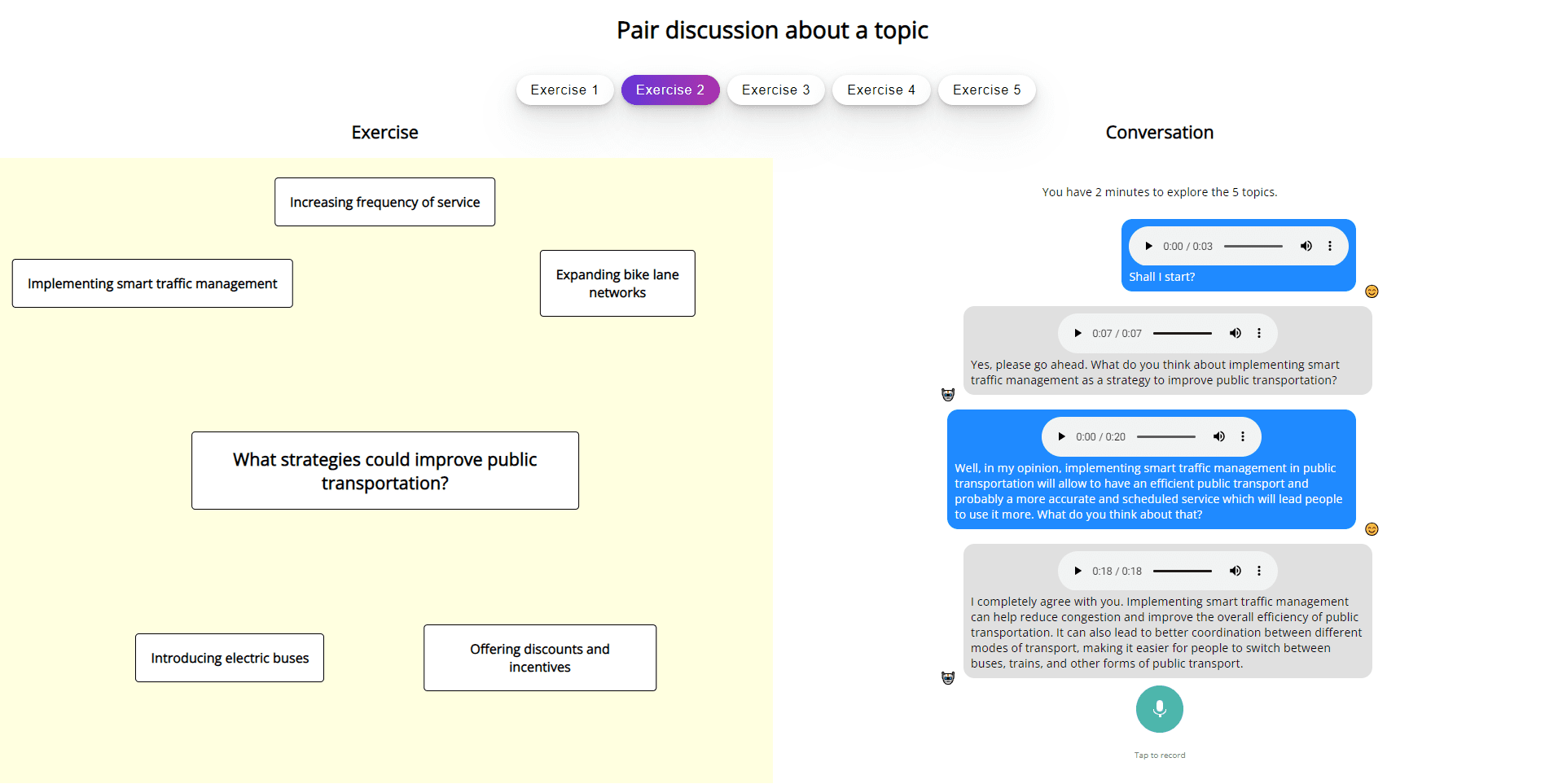 Cambridge pair topic discussion in real time with an AI for official speaking english exams. AI plays the role of the other student.